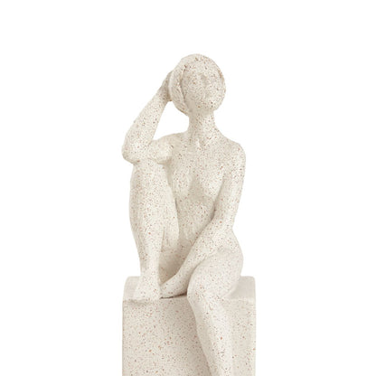 Escultura Mulher Sentada Pensativa em Poliresina Off White