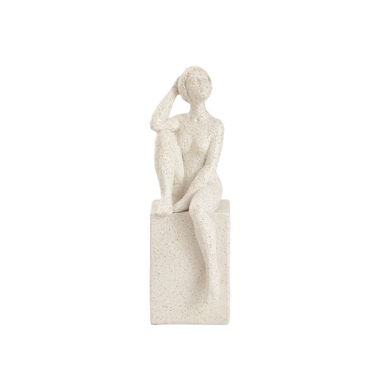 Escultura Mulher Sentada Pensativa em Poliresina Off White